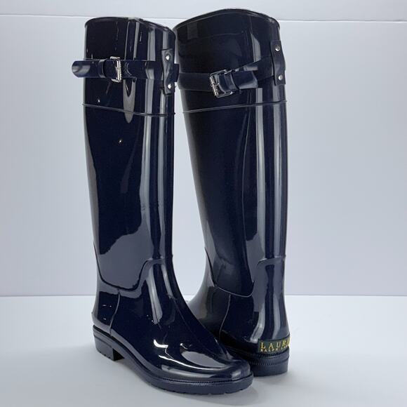Ralph Lauren Rossalyn II Women Sz 8B Blue PVC Knee High Rain Boots 11768 Outdoor - Picture 1 of 12